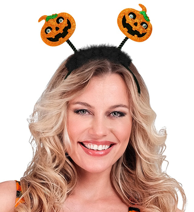 Kürbis Haarreif mit zwei kleinen Kürbissen auf Federn – Halloween Accessoire