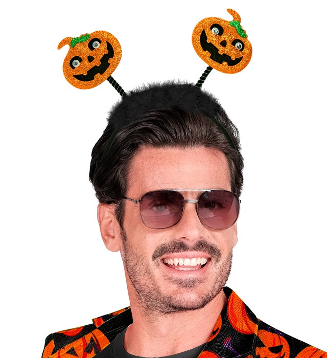 Kürbis Haarreif mit zwei kleinen Kürbissen auf Federn – Halloween Accessoire