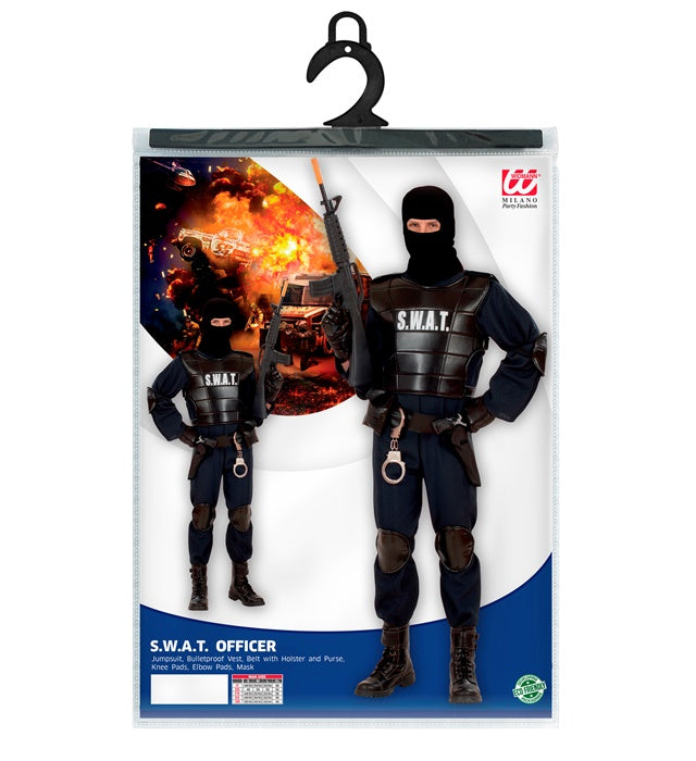 S.W.A.T. Officer Kostüm Komplettset mit Overall, Weste, Gürtel, Knieschützern und Maske