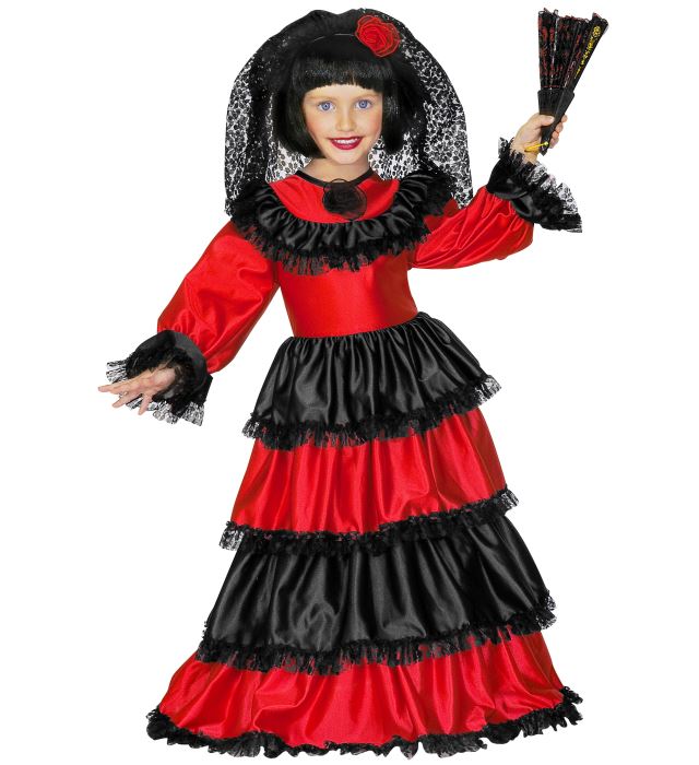 Señorita-Kleid mit voluminösem Petticoat und Spitzen-Kopfbedeckung für Fasnacht