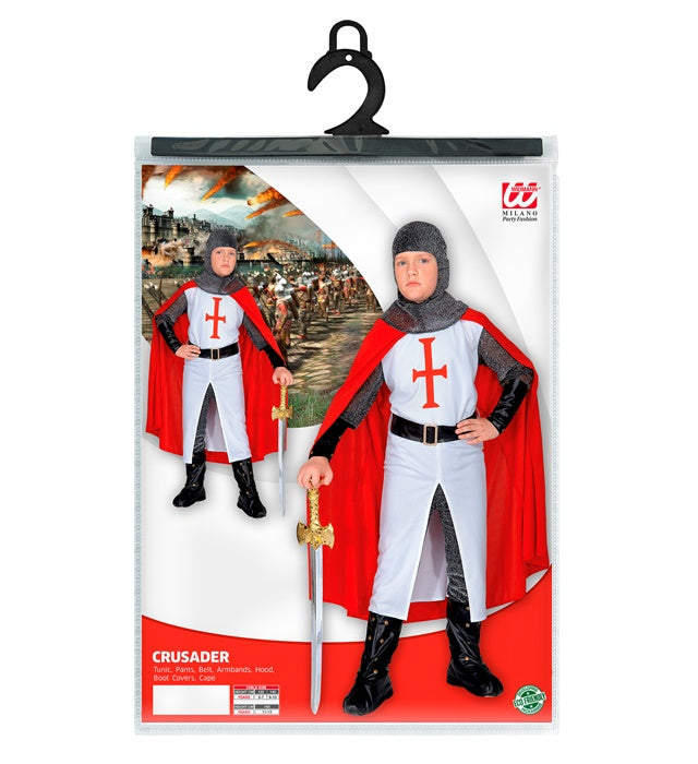 Kreuzritter-Kostüm mit Helm, Umhang und Zubehör auf weißem Hintergrund