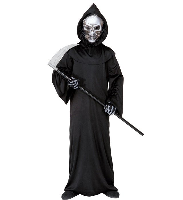 Sensenmann Kostüm mit holografischer Totenkopfmaske und Knochenhandschuhen