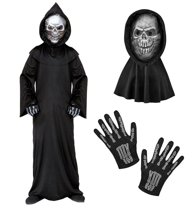 Sensenmann Kostüm mit holografischer Totenkopfmaske und Knochenhandschuhen