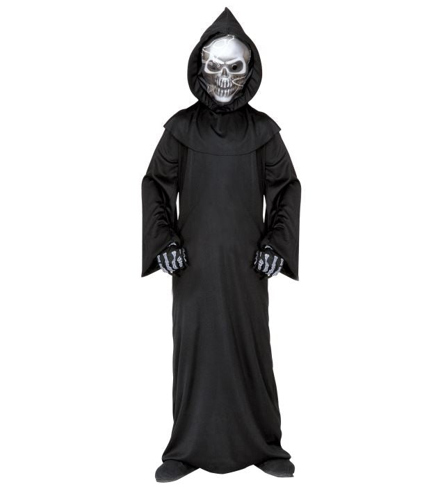 Sensenmann Kostüm mit holografischer Totenkopfmaske und Knochenhandschuhen