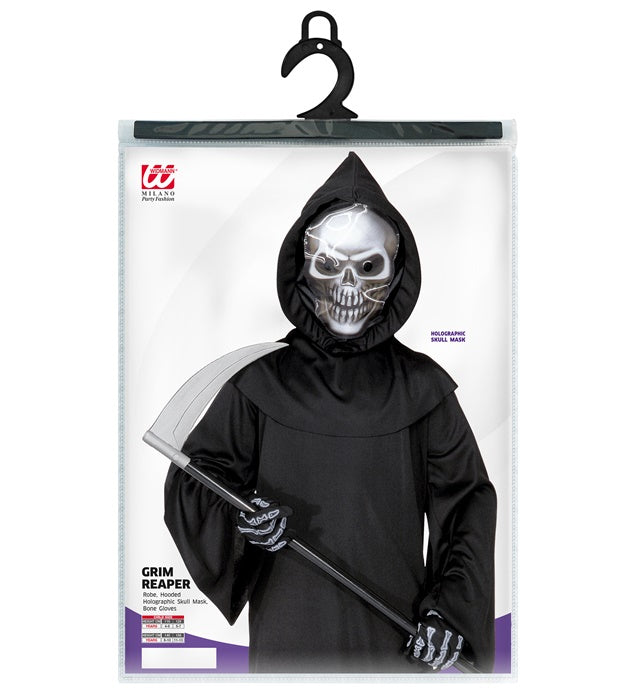 Sensenmann Kostüm mit holografischer Totenkopfmaske und Knochenhandschuhen