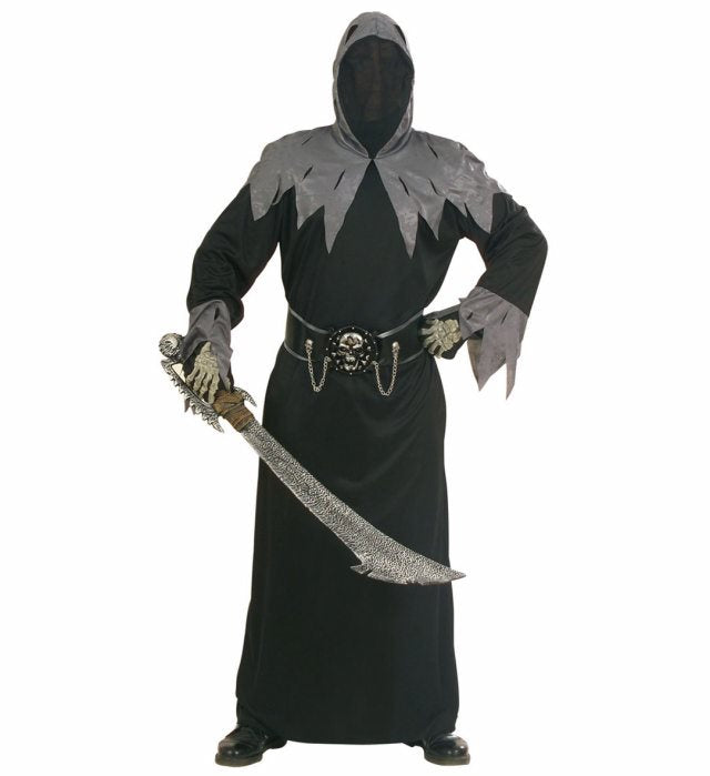SKULL WARLORD Kostüm mit schwarzer Robe, Kapuze, Maske und Gürtel mit Ketten