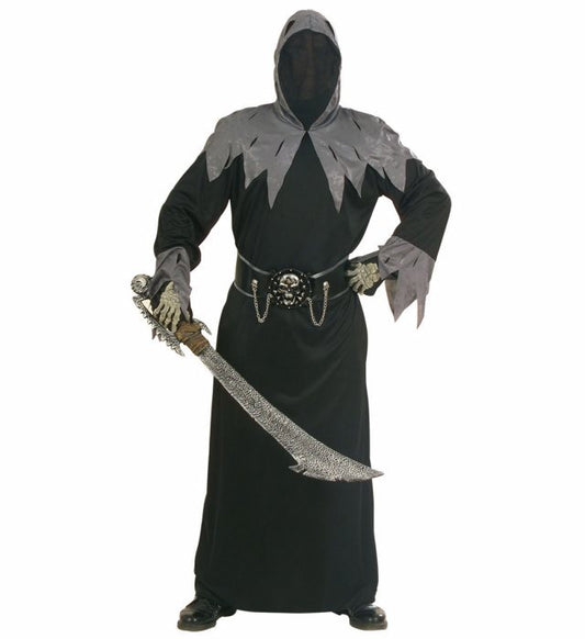 SKULL WARLORD Kostüm mit schwarzer Robe, Kapuze, Maske und Gürtel mit Ketten