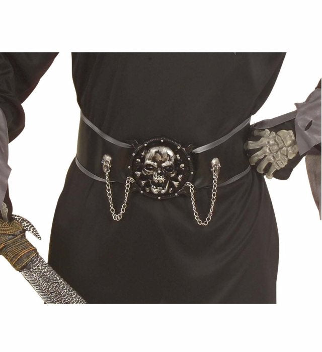 SKULL WARLORD Kostüm mit schwarzer Robe, Kapuze, Maske und Gürtel mit Ketten