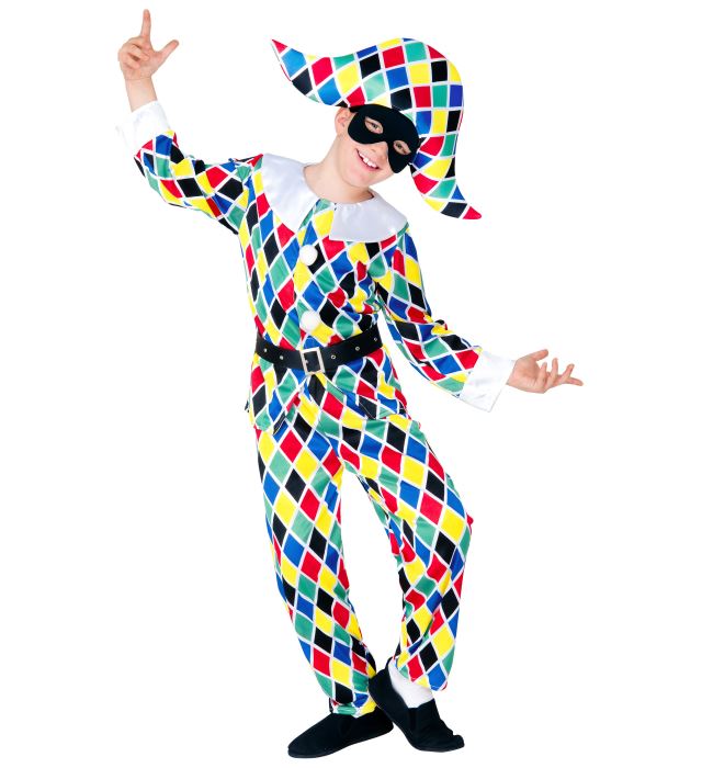 Harlekin-Kostüm mit bunter Jacke, Hose, Gürtel und spitzem Hut auf neutralem Hintergrund