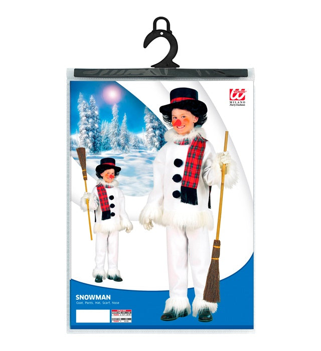 Schneemann-Kostüm Set mit Oberteil, Hose, Hut, Schal und Nase auf weißem Hintergrund
