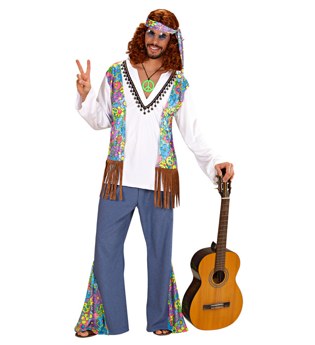 Woodstock Hippiemann Kostüm mit Hemd, Weste, Hose und Stirnband im 70er Jahre Stil
