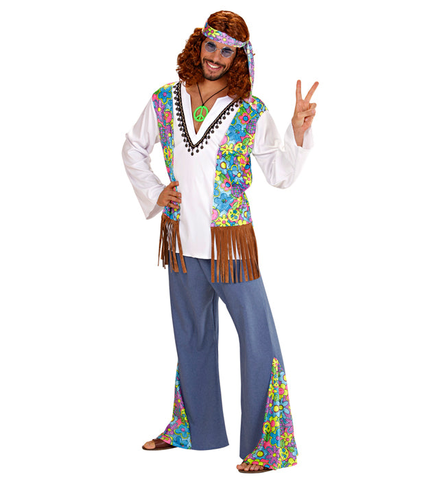 Woodstock Hippiemann Kostüm mit Hemd, Weste, Hose und Stirnband im 70er Jahre Stil