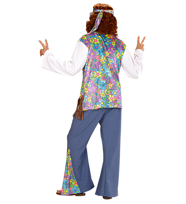 Woodstock Hippiemann Kostüm mit Hemd, Weste, Hose und Stirnband im 70er Jahre Stil