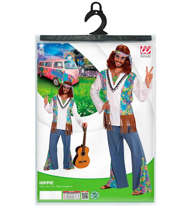Woodstock Hippiemann Kostüm mit Hemd, Weste, Hose und Stirnband im 70er Jahre Stil