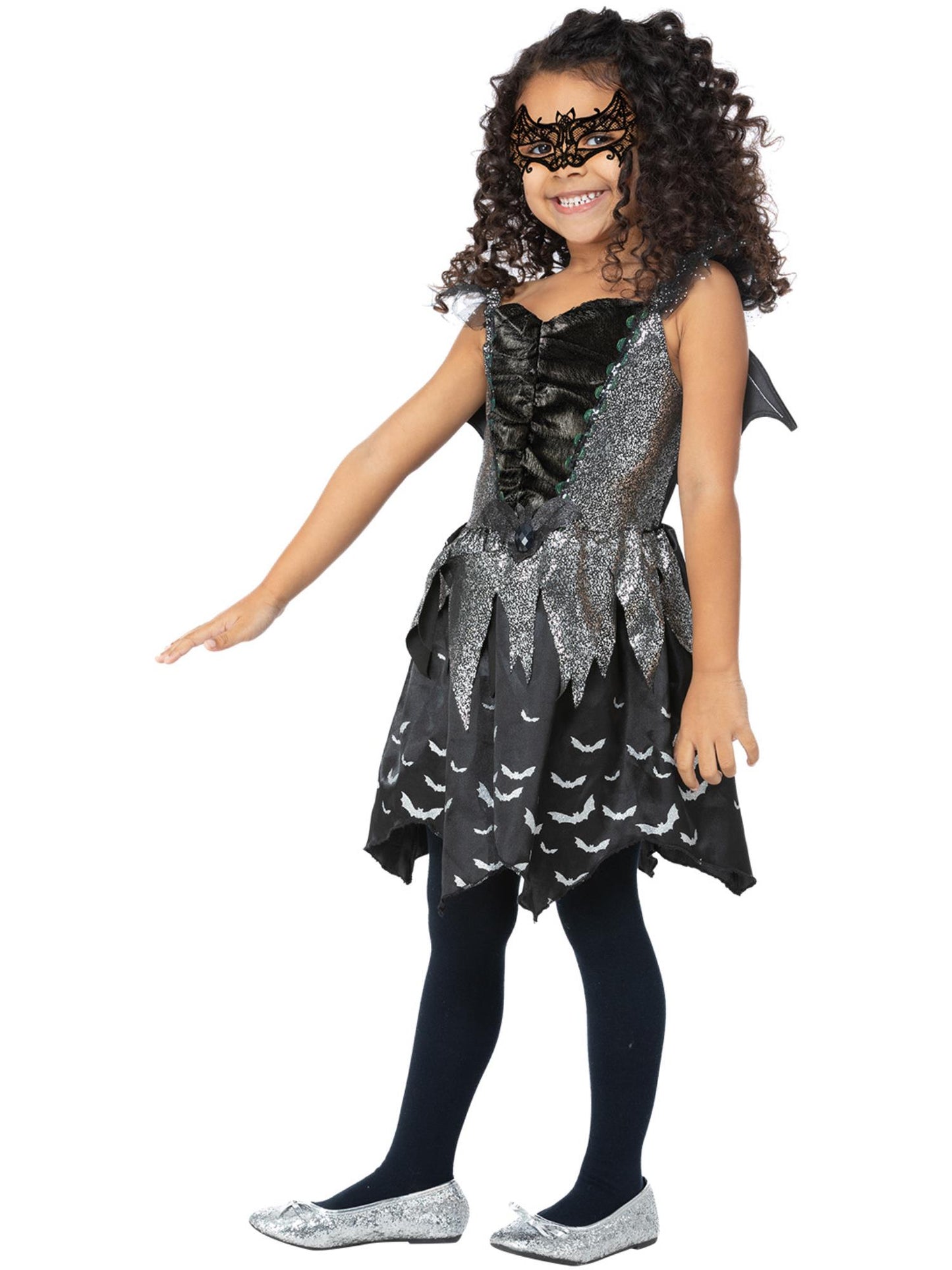 Smiffys Dark Bat Fairy Kostüm für Mädchen in Schwarz mit Kleid, Flügeln und Augenmaske – Seitenansicht