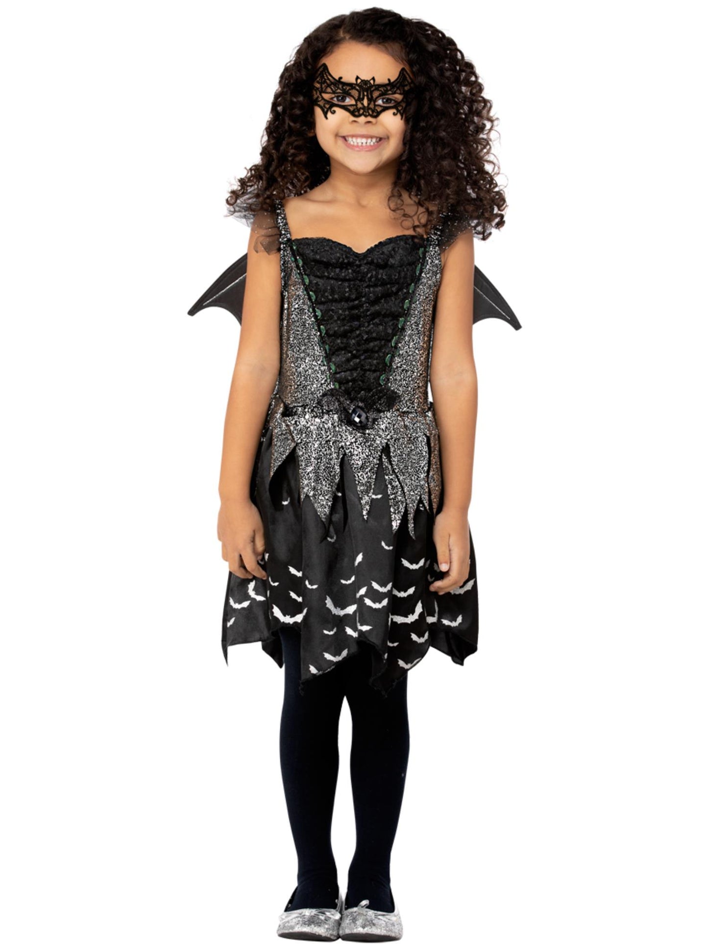 Smiffys Dark Bat Fairy Kostüm für Mädchen in Schwarz mit Kleid, Flügeln und Augenmaske – Produktansicht