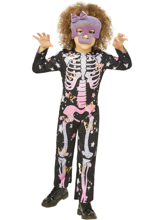 Smiffys Skeleton Rose Gold Sparkle Kostüm für Mädchen mit Onesie und Glitter-Filzmaske – Produktansicht