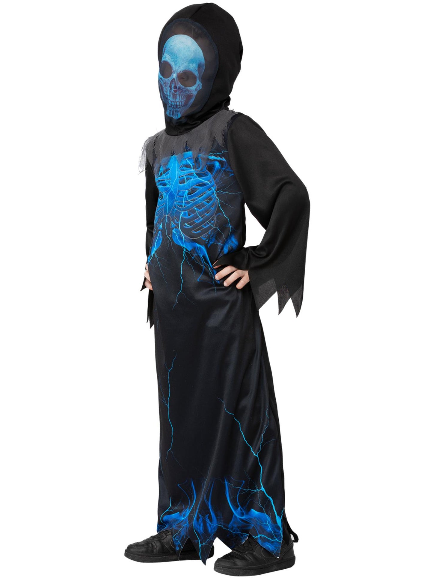 Smiffys Skeleton Reaper Kostüm für Kinder in Schwarz mit Robe und Maske mit Kapuze – Seitenansicht
