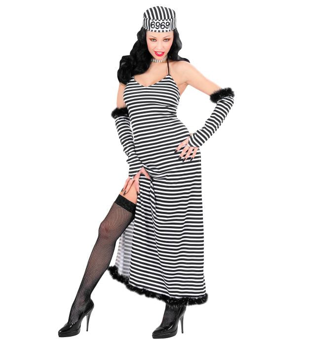 Elegantes Gefangenen-Kostüm mit Kleid, Handschuhen und Mütze für Fasnacht