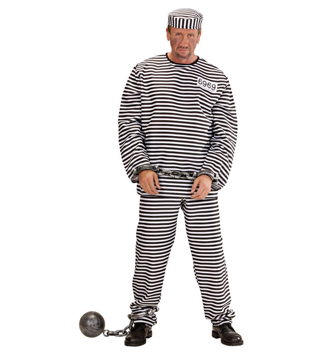 Gefangenen-Kostüm mit gestreiftem Oberteil, Hose und Mütze für Fasnacht