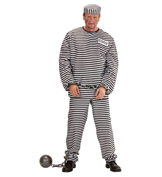 Gefangenen-Kostüm mit gestreiftem Oberteil, Hose und Mütze für Fasnacht