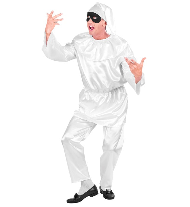 Pulcinella Fasnachtskostüm mit Kasack, Hose und Hut auf weißem Hintergrund