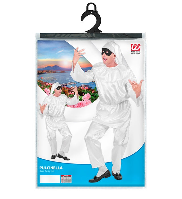Pulcinella Fasnachtskostüm mit Kasack, Hose und Hut auf weißem Hintergrund