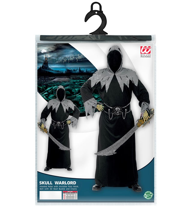 SKULL WARLORD Kostüm mit Kapuze, unsichtbarer Maske und Totenschädel-Gürtel