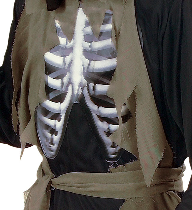 Zombie-Kostüm Tunika mit Kapuze und holografischem Knochenmotiv auf der Brust