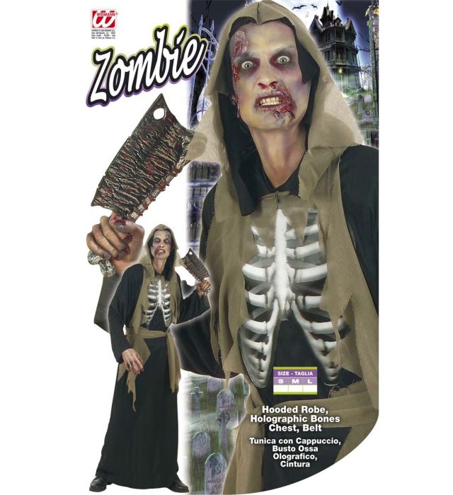Zombie-Kostüm Tunika mit Kapuze und holografischem Knochenmotiv auf der Brust