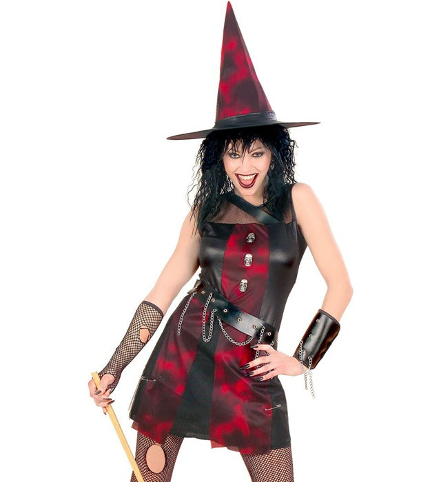 Punker Hexe Kostüm mit Kleid, Armband und Hut für Fasnacht und Mottoparty