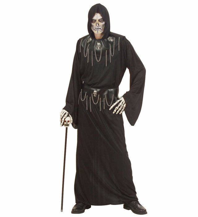 SKULL MASTER Kostüm schwarze Tunika mit Kapuze und Totenkopf-Accessoires