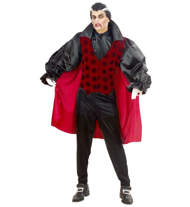 Viktorianisches Vampirkostüm bestehend aus Hemd, Weste, Jabot, Hose und Umhang in dunklen Farben