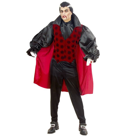 Viktorianisches Vampirkostüm bestehend aus Hemd, Weste, Jabot, Hose und Umhang in dunklen Farben