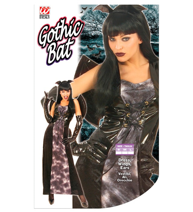 Gothic Bat Kostüm mit schwarzem Kleid, Fledermausflügeln und Ohren