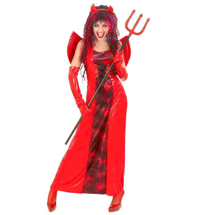 DEVILICIOUS Teufelskostüm mit rotem Kleid, schwarzen Flügeln und Teufelshörnern