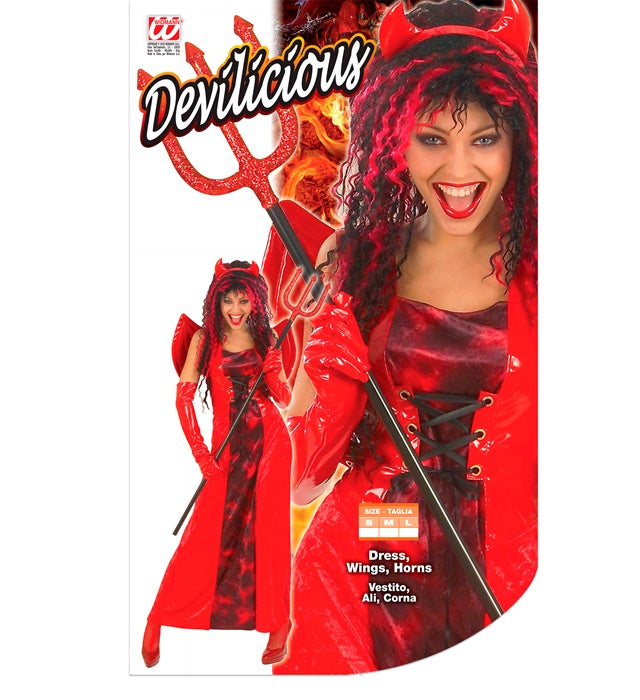 DEVILICIOUS Kostüm-Set bestehend aus rotem Kleid, schwarzen Flügeln und Teufelshörnern