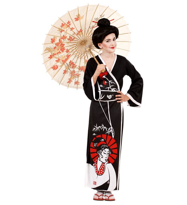 Geisha-Kostüm bestehend aus Kimono, Gürtel und Haarschmuck mit Stäbchen