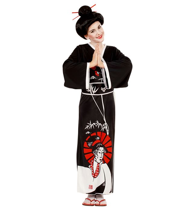 Geisha-Kostüm bestehend aus Kimono, Gürtel und Haarschmuck mit Stäbchen