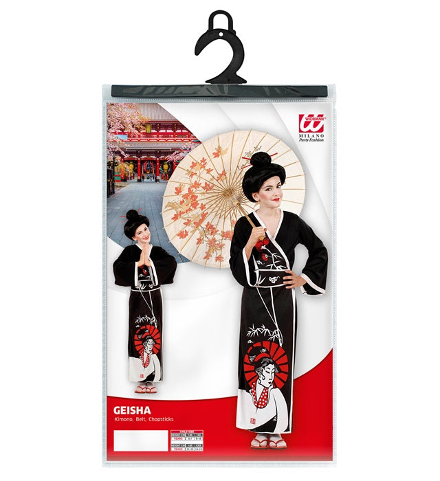 Geisha-Kostüm bestehend aus Kimono, Gürtel und Haarschmuck mit Stäbchen