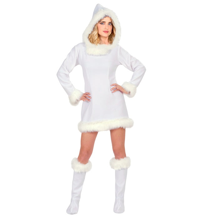 Eskimo-Kostüm mit Kapuzenkleid und plüschigen Stiefelüberziehern für Fasnacht