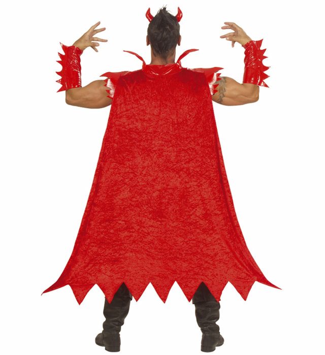 Leuchtendes Teufel-Kostüm mit roter Weste, Umhang und Hörnern bei Fasnacht