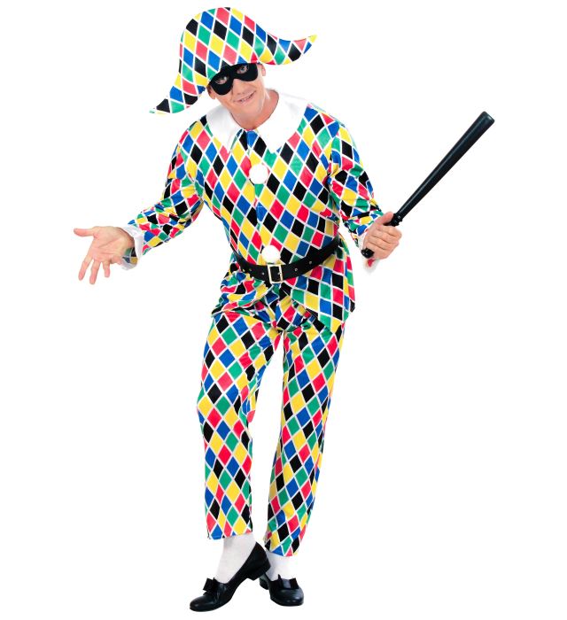 Harlekin-Kostüm mit Weste, Hose, Gürtel und Hut in buntem Rautenmuster