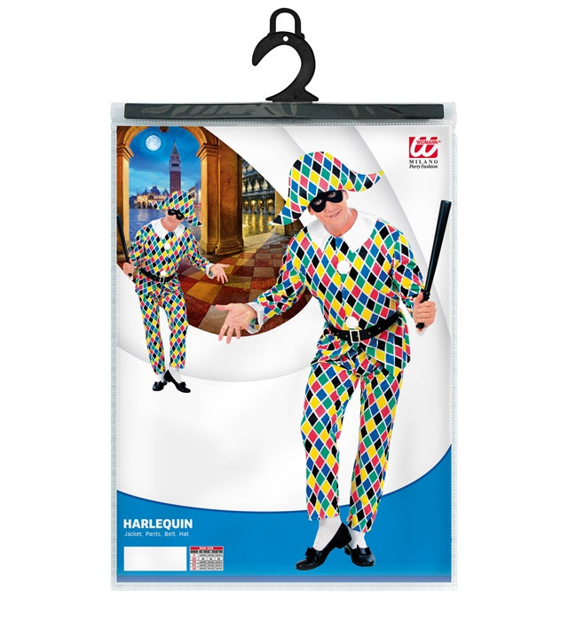 Harlekin-Kostüm mit Weste, Hose, Gürtel und Hut in buntem Rautenmuster