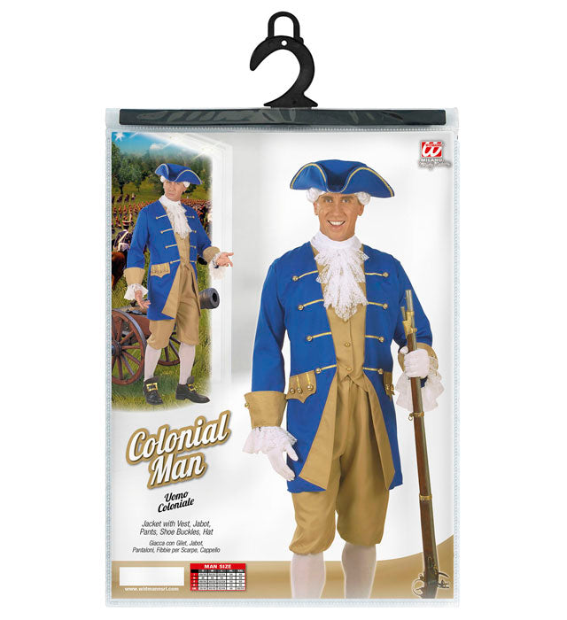 Kolonialmann-Kostüm mit Jacke, Weste, Jabot, Hose, Hut und Schuhschnallen auf weißem Hintergrund