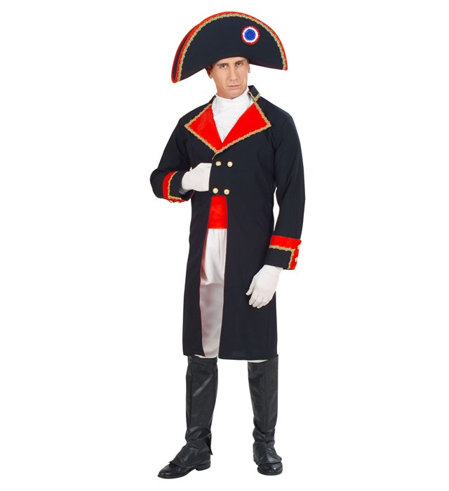 Napoleon-Kostüm bestehend aus Jacke, Jabot, Hose, Gürtel, Stiefelüberzieher und Hut