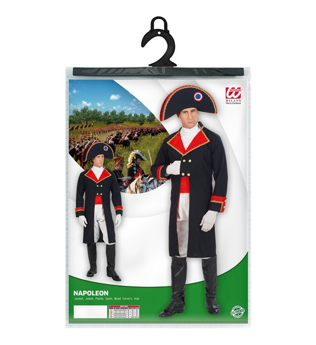 Napoleon-Kostüm bestehend aus Jacke, Jabot, Hose, Gürtel, Stiefelüberzieher und Hut