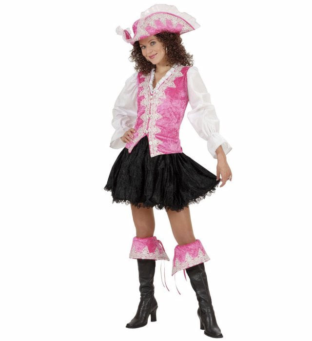 Königliche Piratin Kostüm in Rosa aus Samt mit Bluse, Weste, Rock und Hut