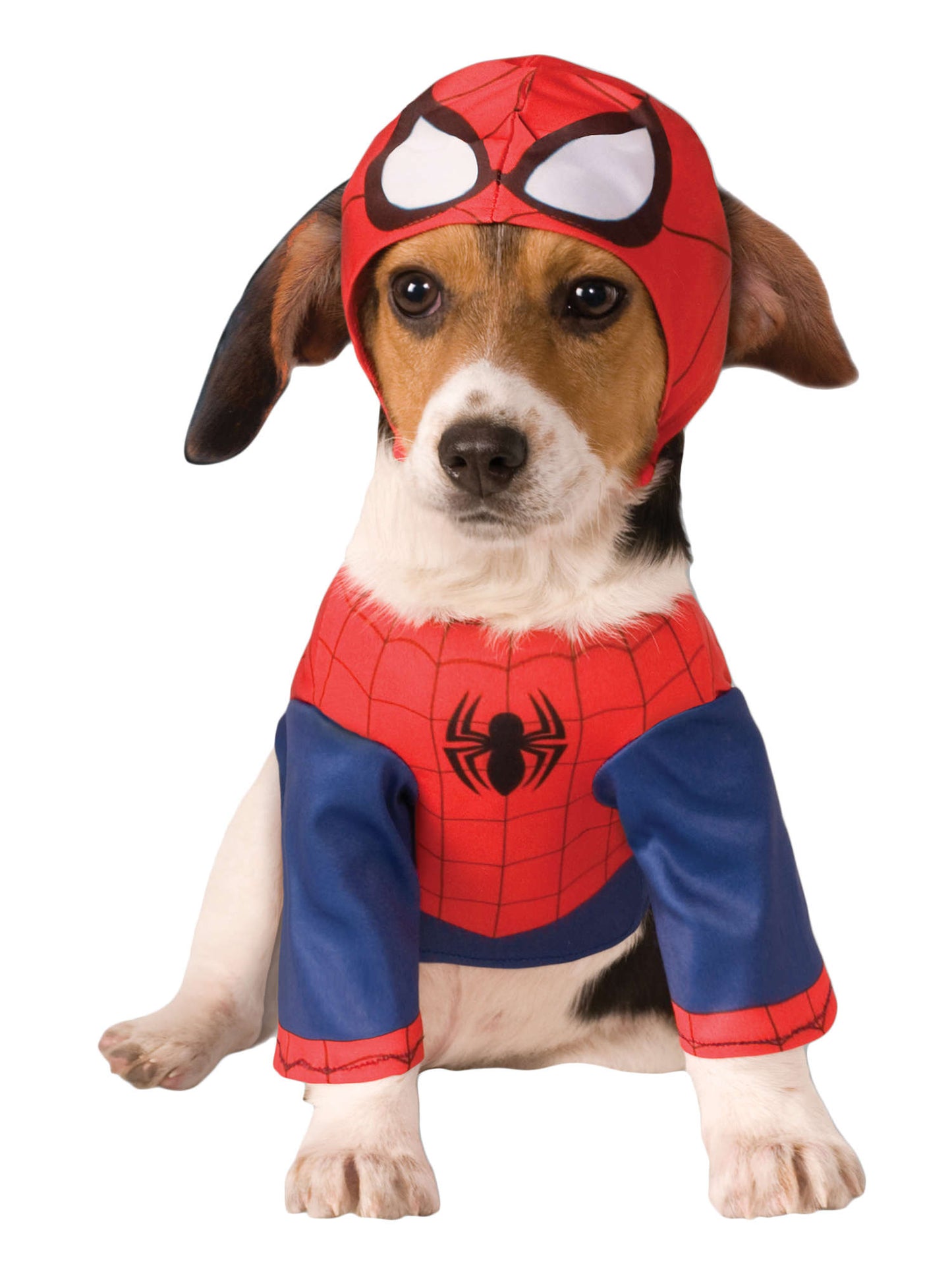 Spider-Man Haustierkostüm von Rubies mit Overall und Kopfbedeckung – Detailansicht