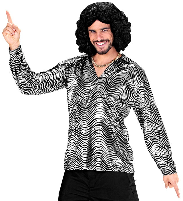 Silbernes Disco Hemd im 70er Jahre Stil mit wellenförmigem Glanz
